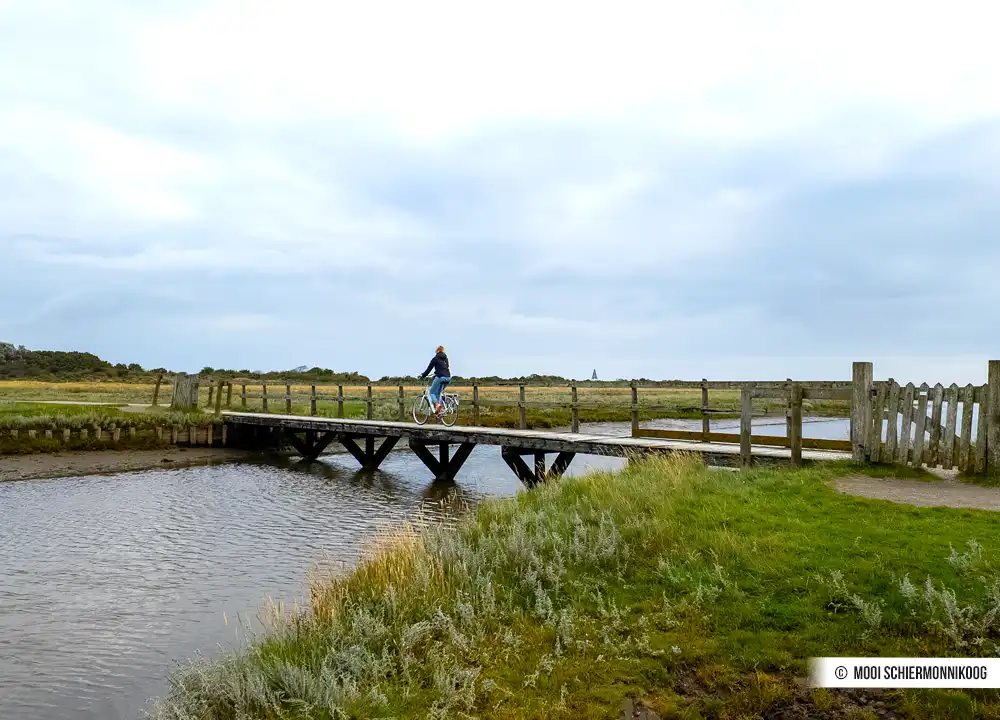 Radfahren auf Schiermonnikoog über eine Brücke